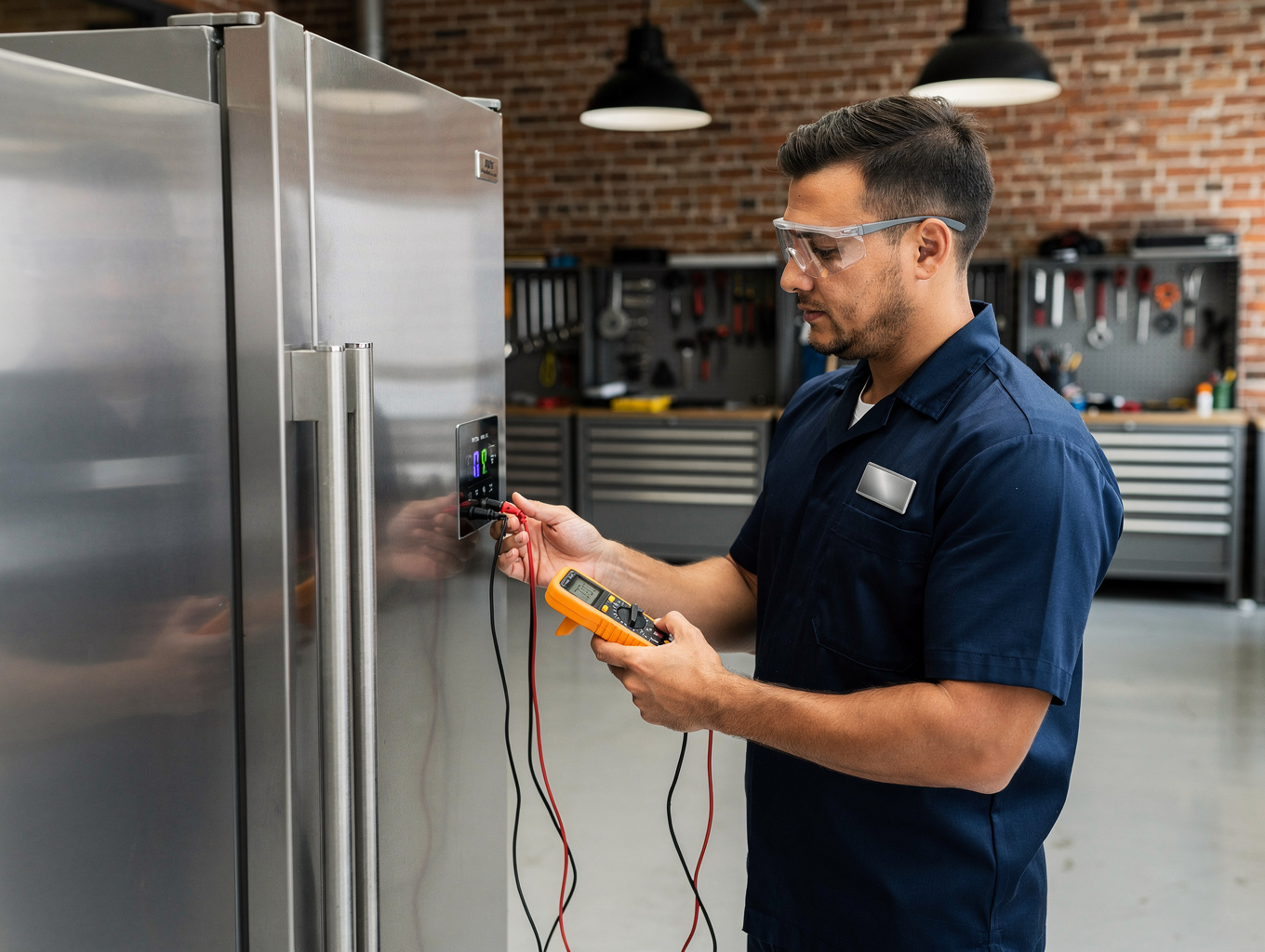 Technician inspecting a modern stainless steel refrigerator
