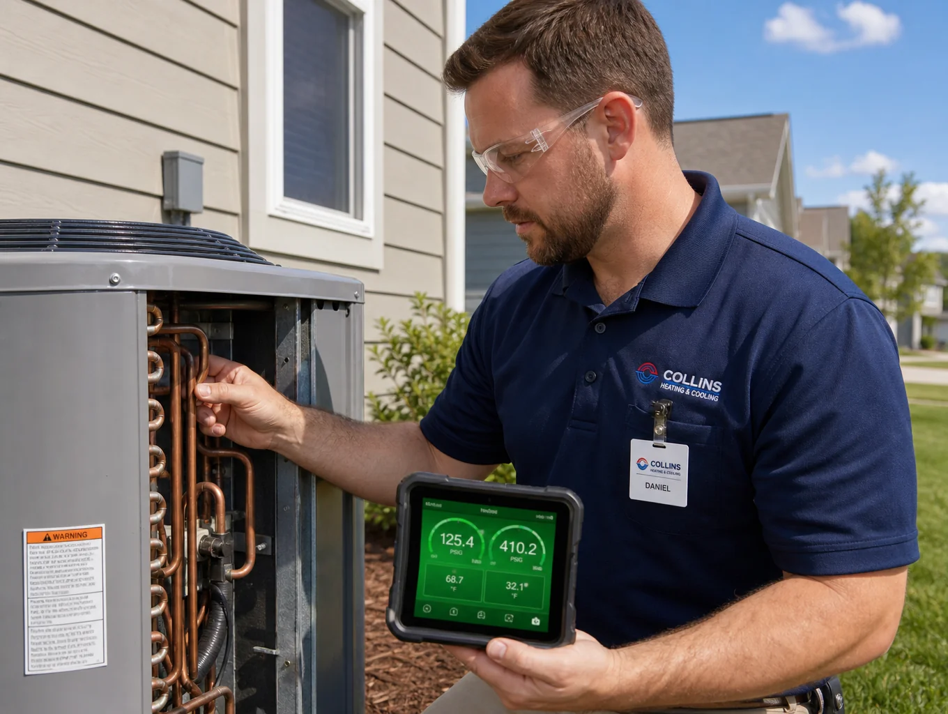 HVAC technician testing an exterior condenser unit with digital gauges