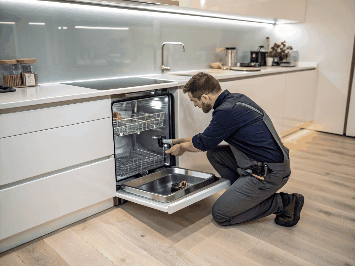 Certified technician servicing built-in dishwasher drain pump