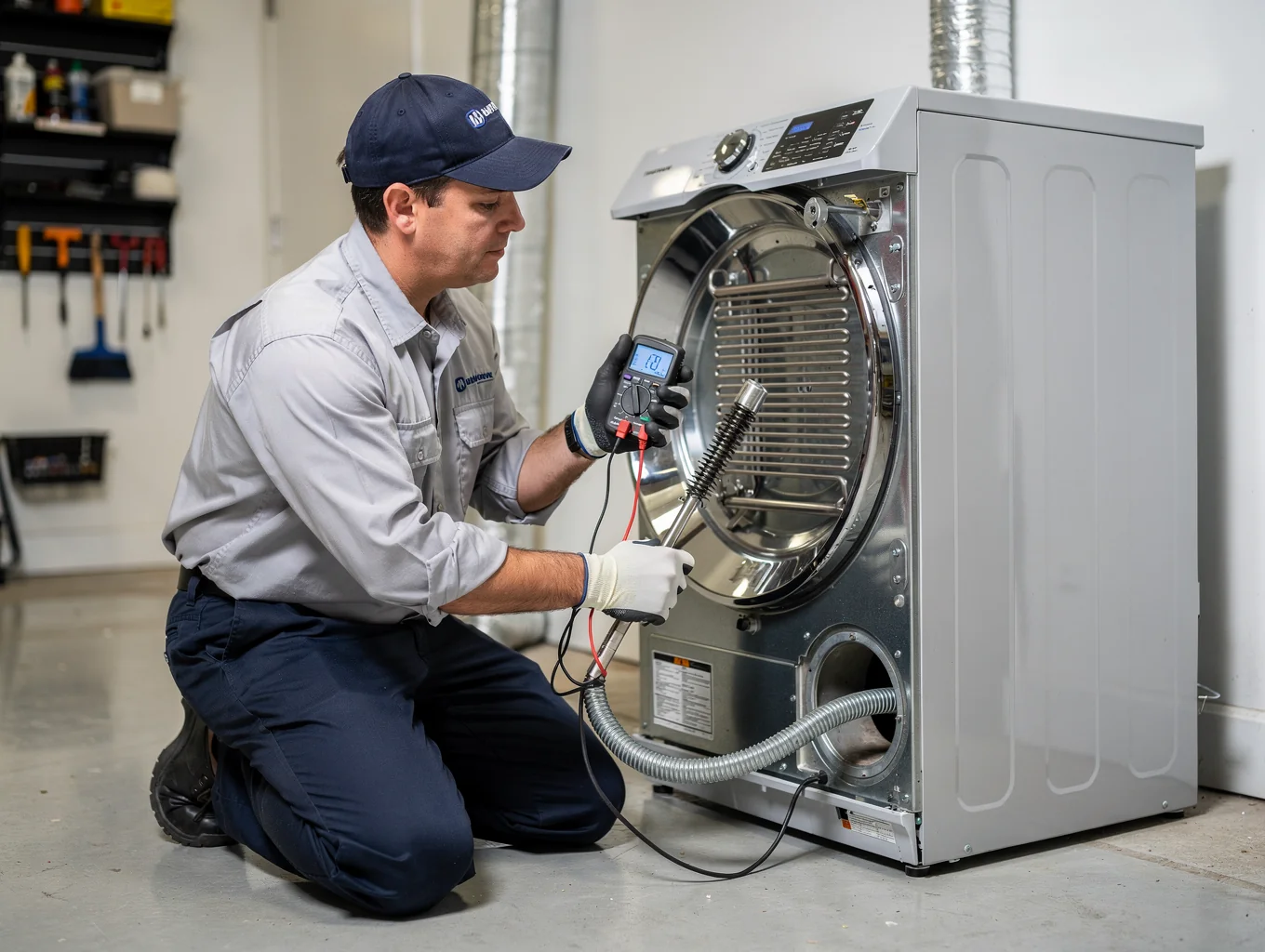 Technician testing electric dryer heating element and thermal fuse