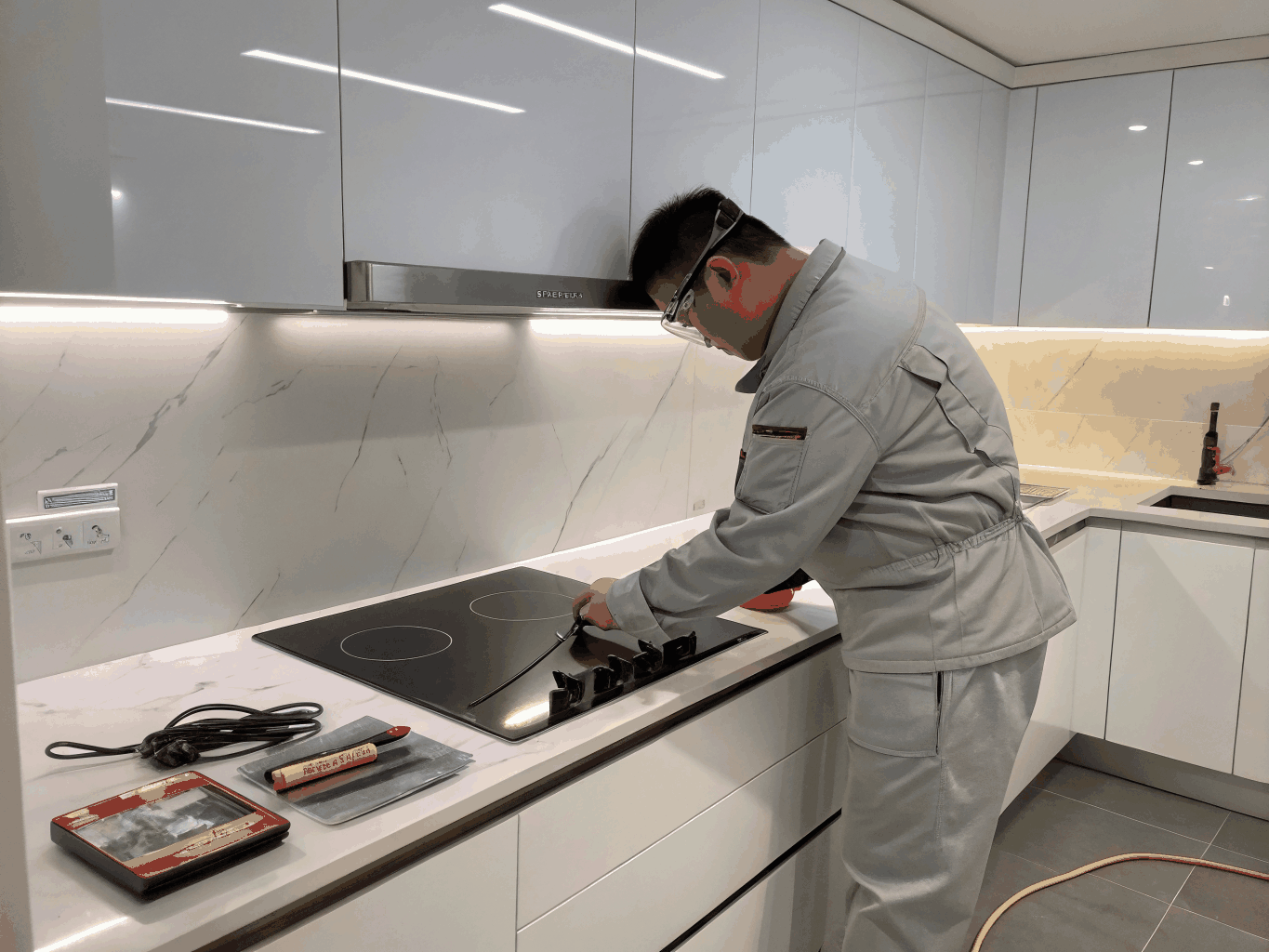 Appliance engineer replacing radiant heating element on ceramic cooktop