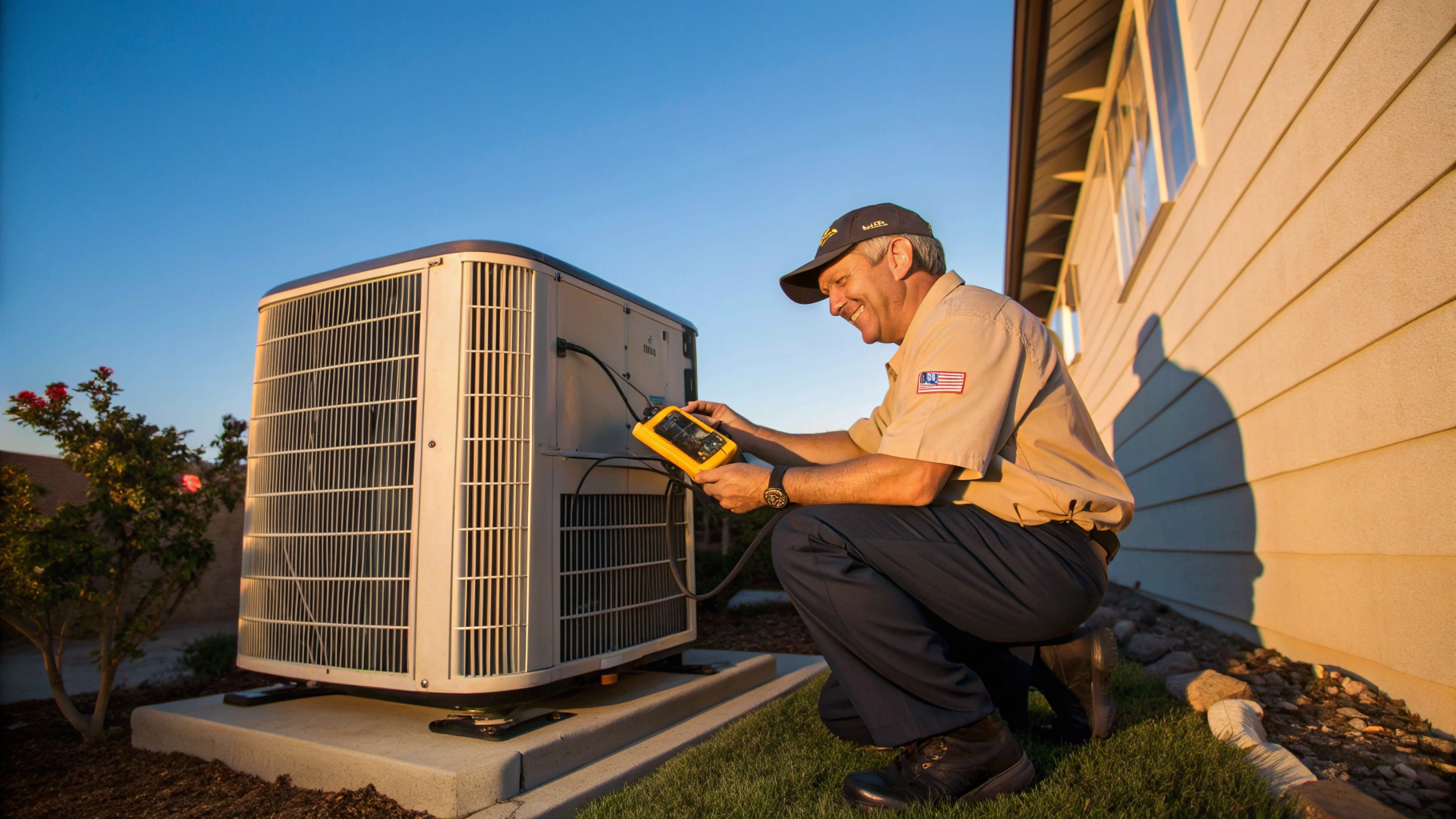 Certified HVAC technician diagnosing an outdoor heat pump and condenser unit in South Fulton