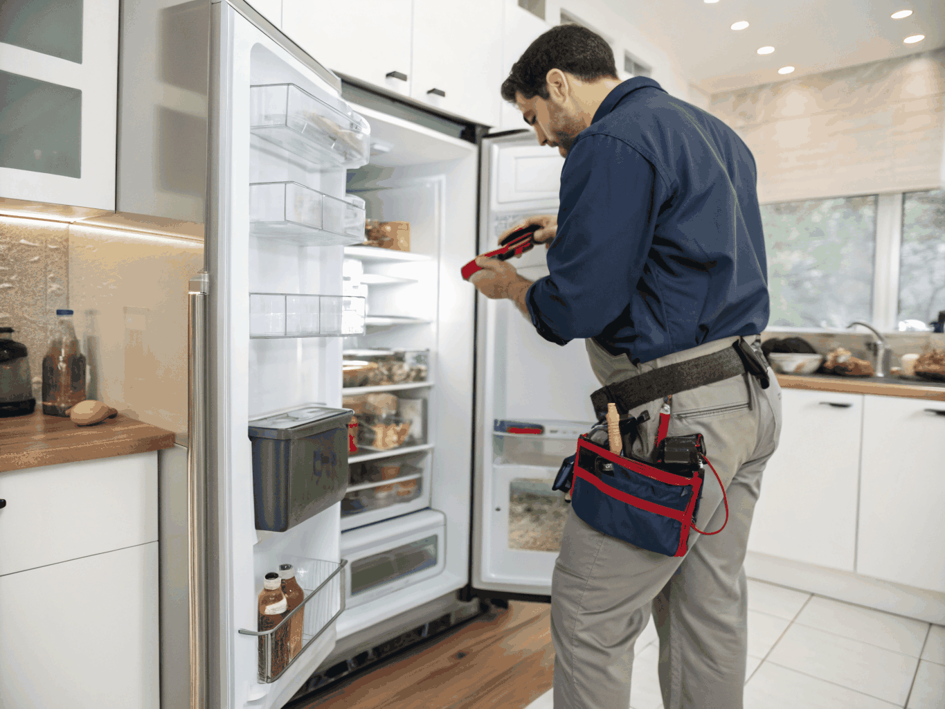 Technician diagnosing residential French-door refrigerator in kitchen