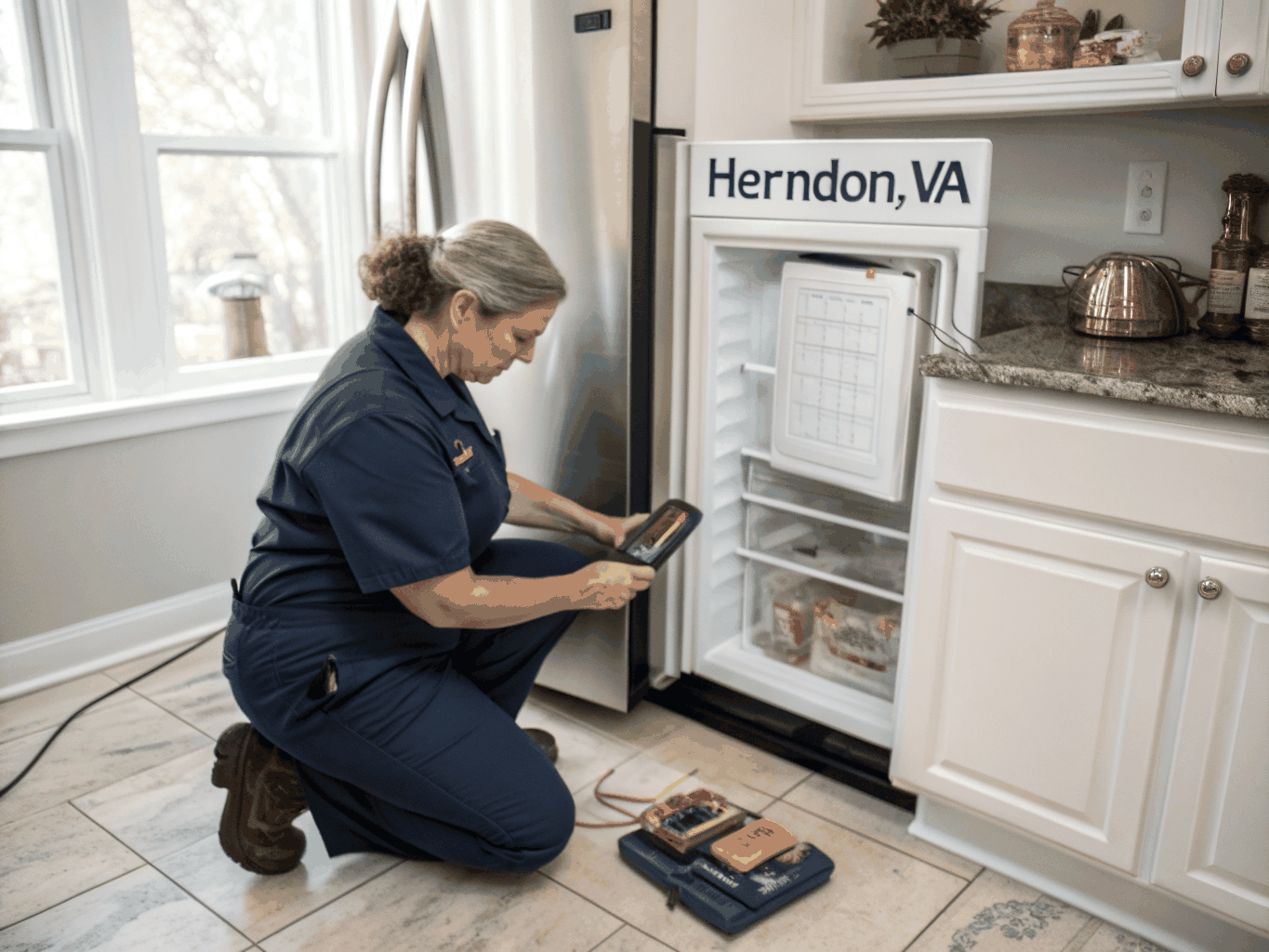 Technician Elena Ramos ready for appliance and HVAC repair service