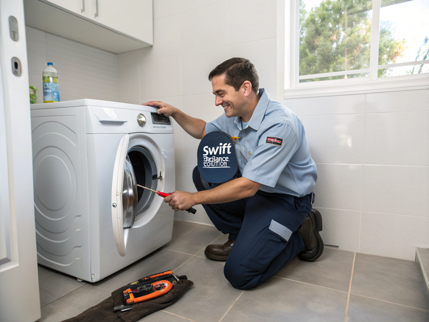 Appliance repair specialist inspecting front-load washer drum